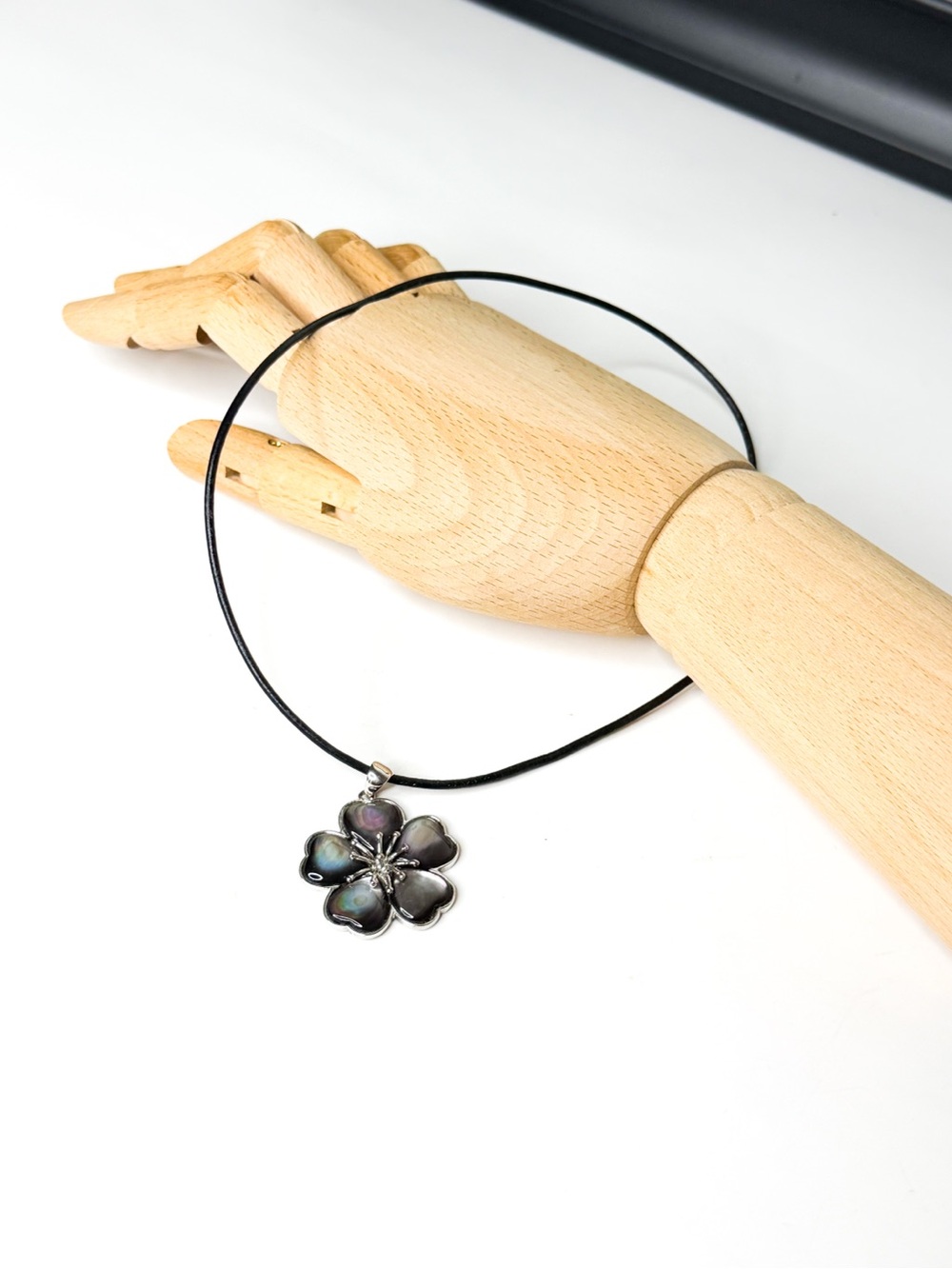 Sterling Silver Abalone Shell Flower Pendant Necklace with Black Leather Cord